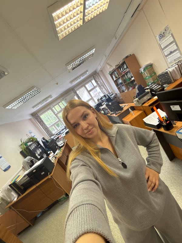 Woman photographed in office building, Rusanovo Russia