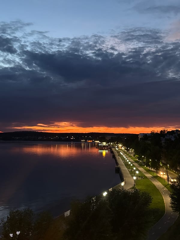 Votkinsk Reservoir at golden hour, dusk to dark