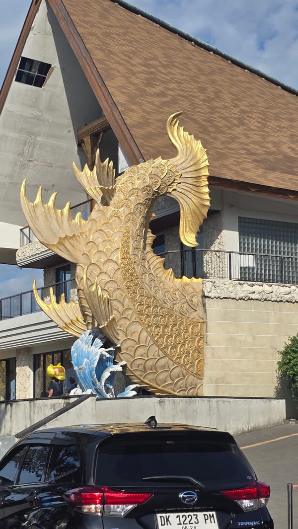 Golden fish sculpture spotted in Denpasar, Indonesia