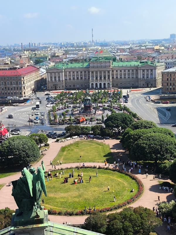 Rooftop views across a Russian city's classical and modern skyline