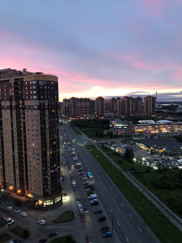 City at dusk from above, plus a cat watching from a window