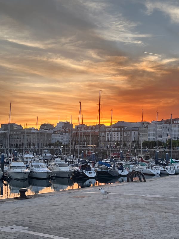 Spectacular sunset illuminates A Coruña marina and waterfront