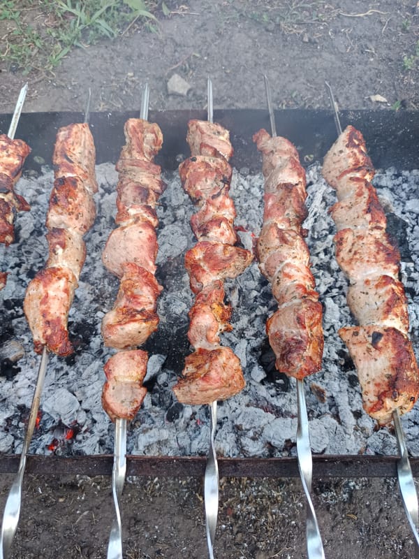Pork skewers grilling over open charcoal and wood fire