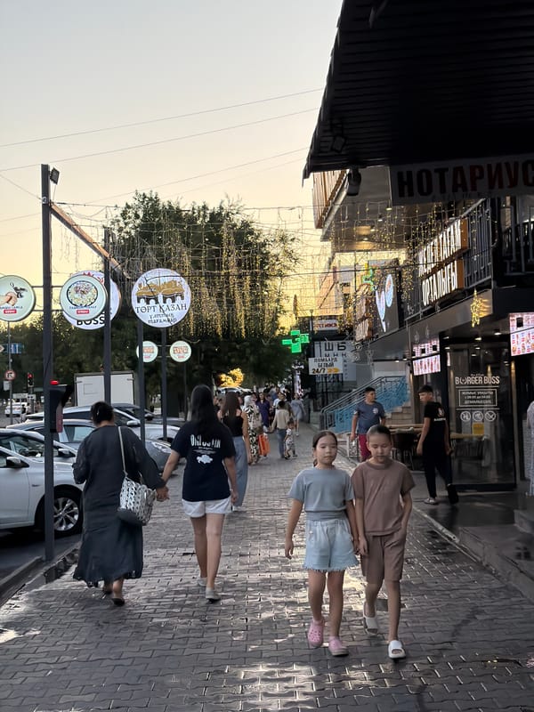 Street-level evening tour through Shymkent's commercial and residential neighborhoods