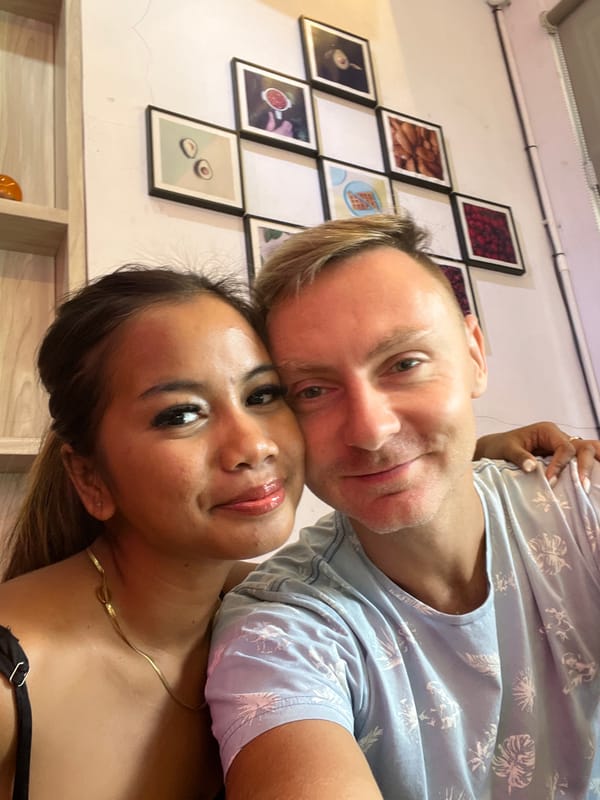 Interracial couple takes selfie in Sukawati, Indonesia