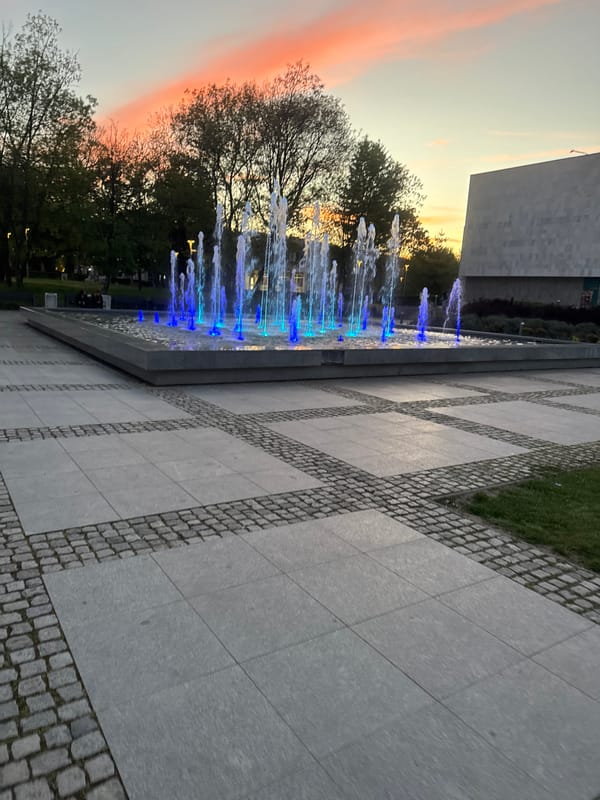 Evening fountain display observed in Kyustendil public space