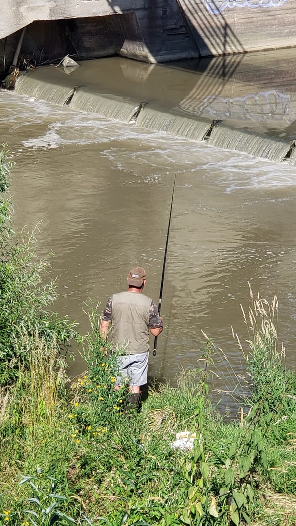 Riverside morning in Prešov: nature, graffiti, and fishing