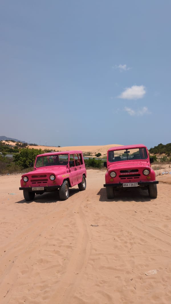 Tour jeeps gather at Vietnamese sand dunes before dawn