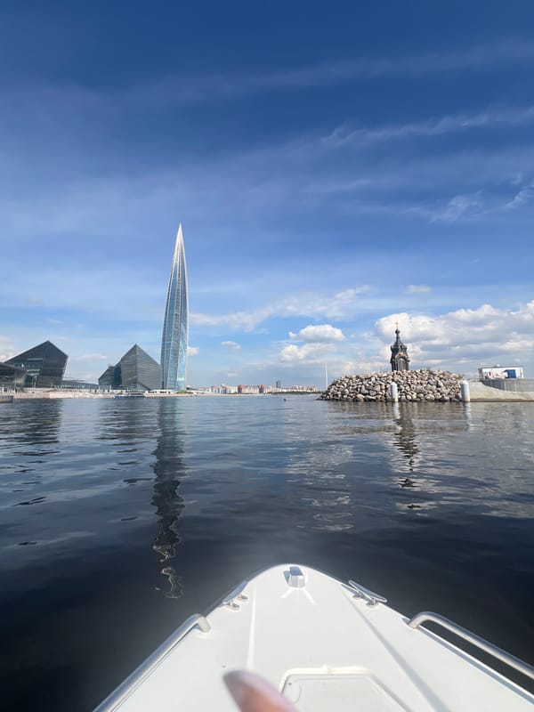 Out on the Neva River, Saint Petersburg skyline ahead