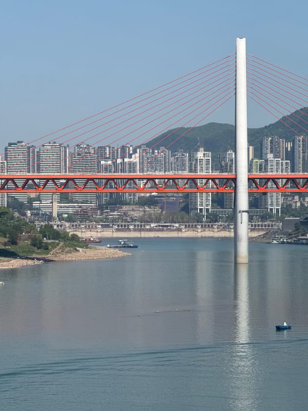 Clear day reveals Chongqing cityscape with river bridge