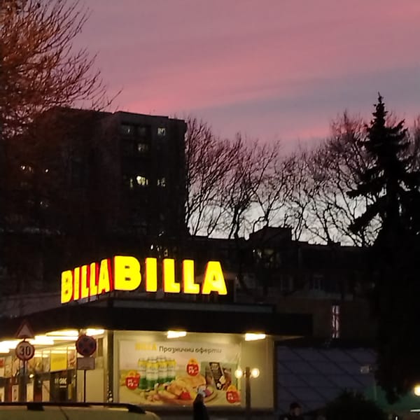 Billa supermarket illuminated at twilight in Varna, Bulgaria