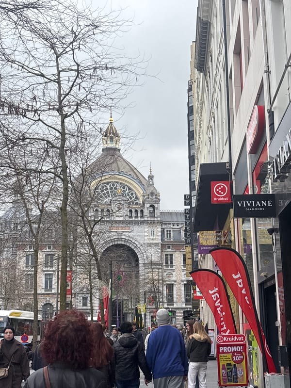 Busy afternoon street activity near Antwerp Central Station