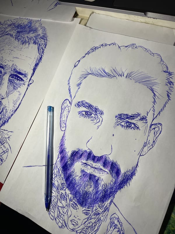 Blue ballpoint portrait sketches laid out in Jos