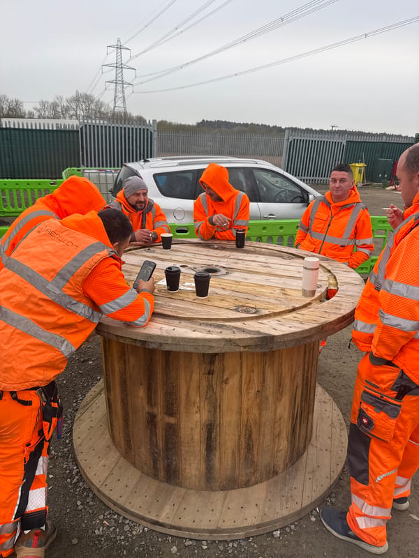 Construction workers gather around cable reel in Mid Suffolk