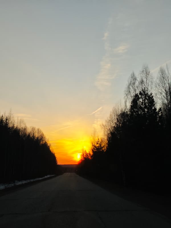Sunset captured on tree-lined road in Markovo, Russia