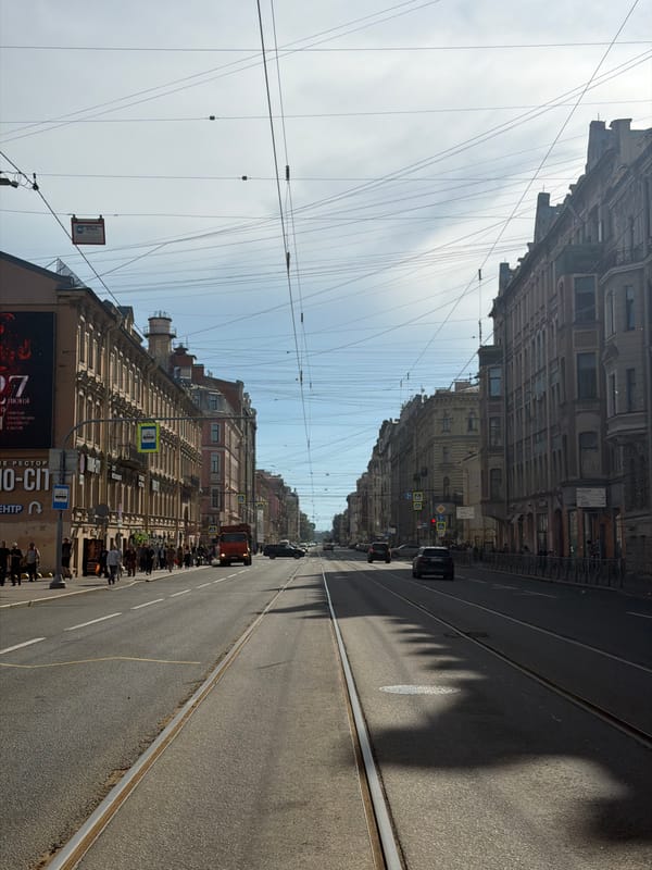 Saint Petersburg trams and historic streetscape, midsummer afternoon