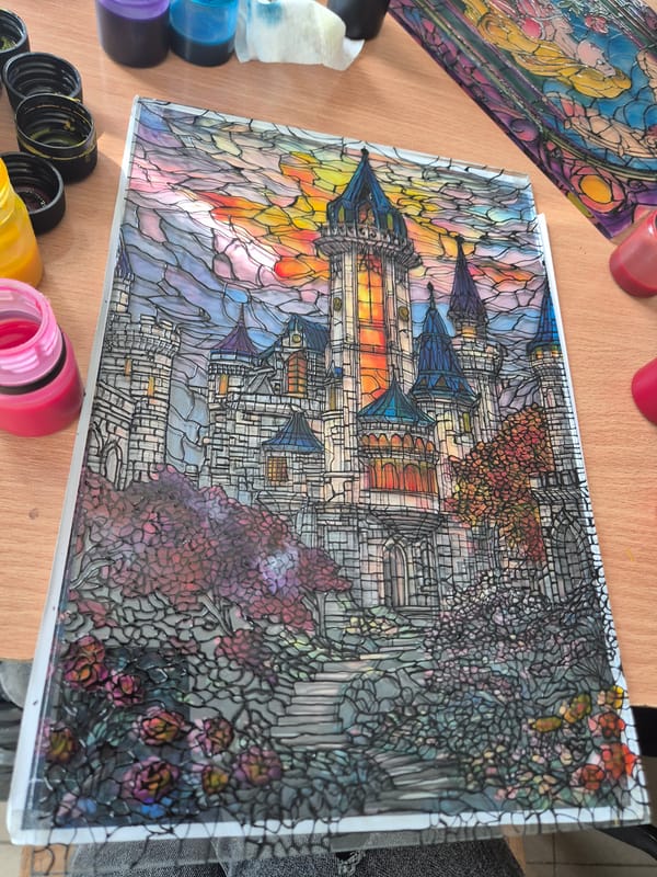 Artist creates stained-glass artwork in Bulgarian studio workspace