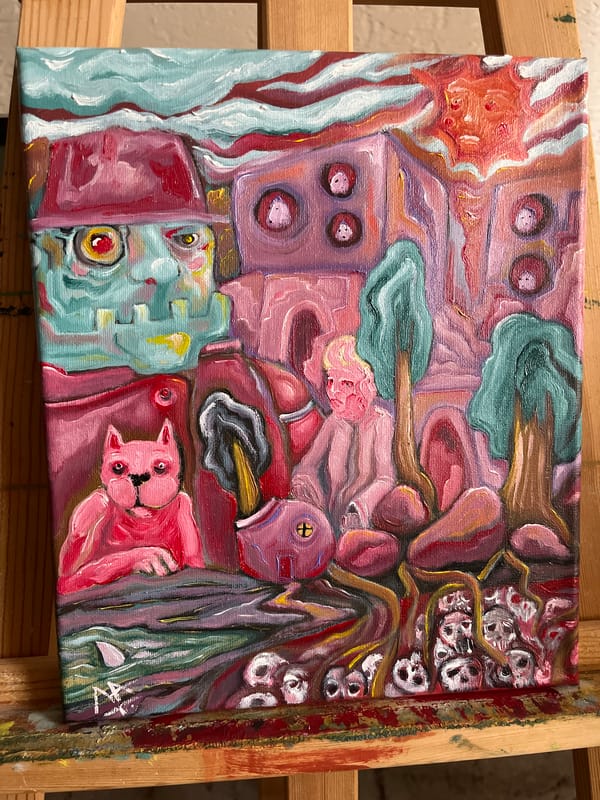 Abstract art and potted plants observed at same location