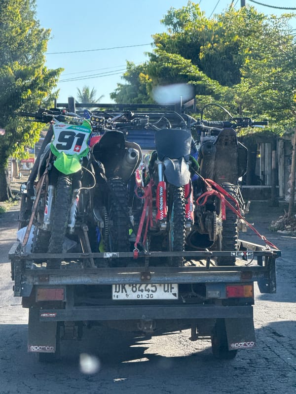 Dirt bike trailer spotted on road in Tegallalang, Indonesia