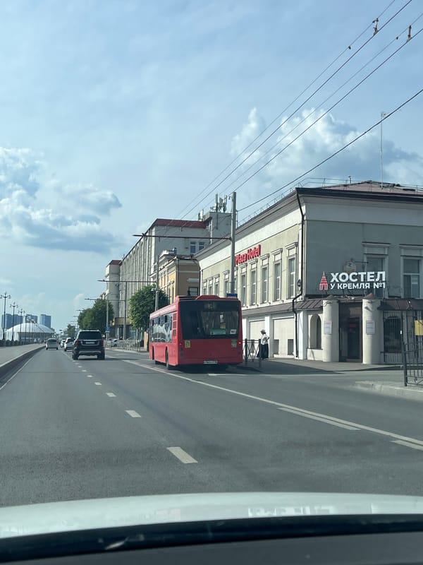 Driving through Kazan streets on cloudy afternoon