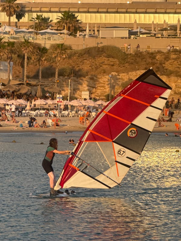 Water sports enthusiasts fill Tel Aviv coastline during golden hour
