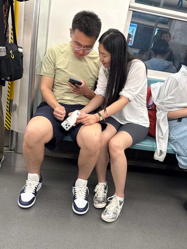 Man and woman ride subway together in Beijing's Haidian District