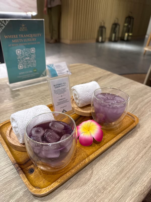 Purple beverages served at Bangkok spa during afternoon service