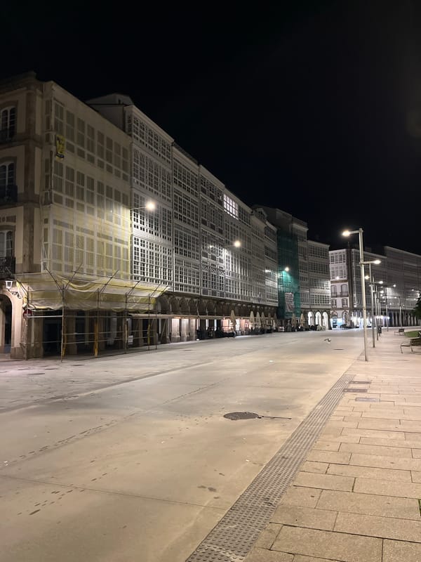 Nighttime architectural and marina scenes documented in A Coruña
