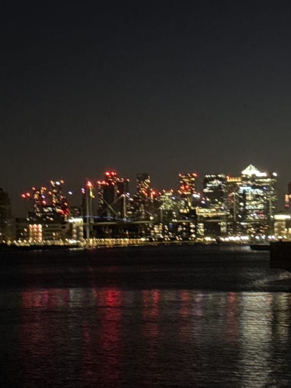 London skyline lights reflect on water during night hours