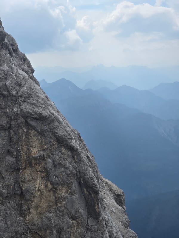 High up on the Zugspitze, cloudy summer day in the Bavarian Alps