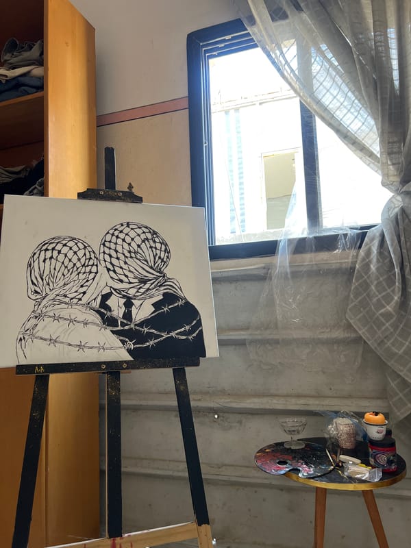Gaza studio: ink drawing of keffiyeh-draped figures entwined in barbed wire