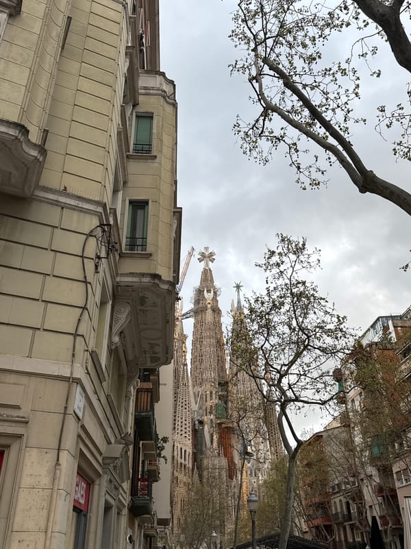 Tourists document Sagrada Família street views in Barcelona