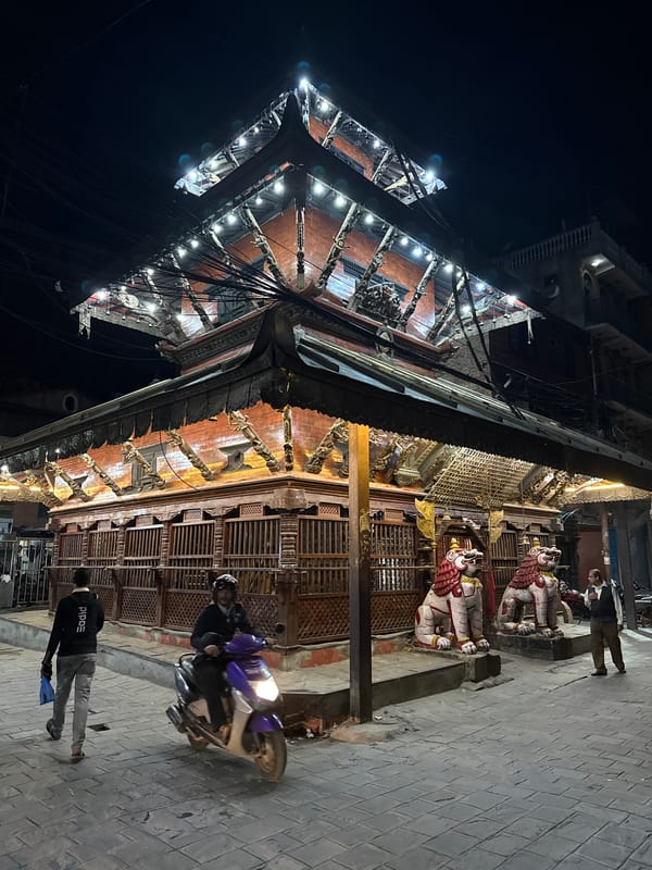 Traditional Kathmandu architecture illuminated in evening photography session