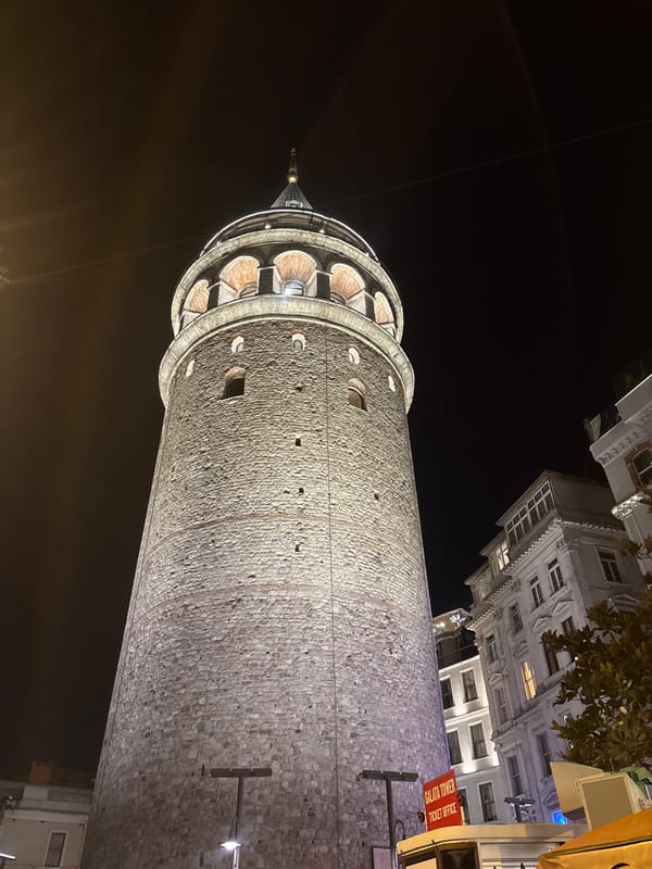Galata Tower glowing at night in Beyoğlu, Istanbul