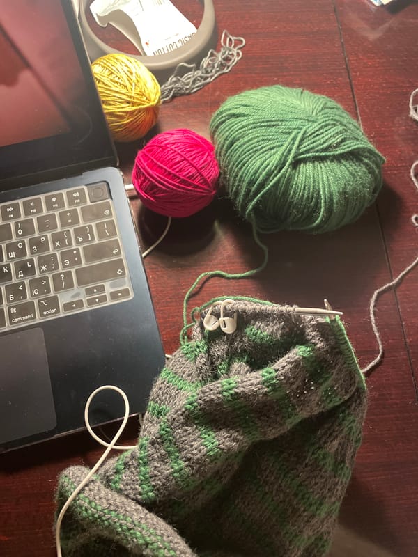 Knitting project in progress captured on Belgrade table