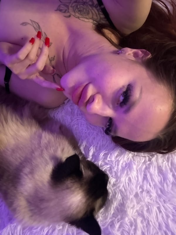 Woman relaxes at home with cat in purple-lit bedroom