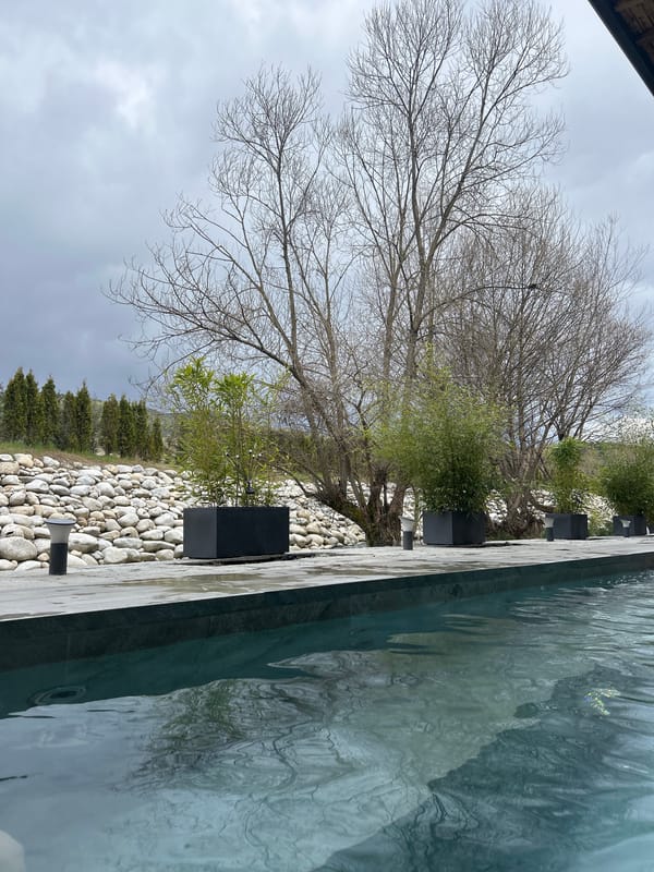 Murky pool captured under overcast skies in Bania, Bulgaria