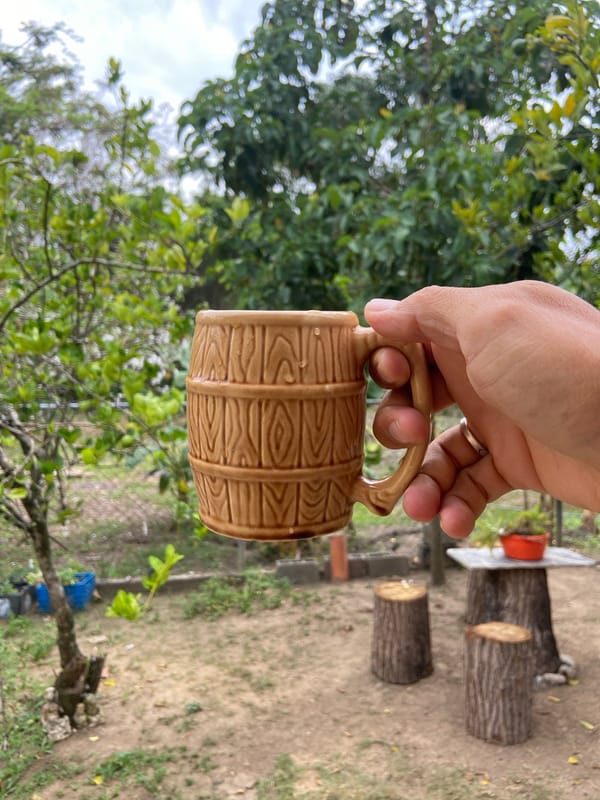 Person holds ceramic mug outdoors in Los Velásquez, Venezuela