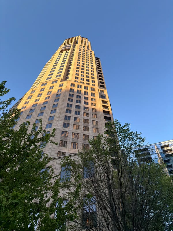 Atlanta skyscrapers photographed from street level during evening hours