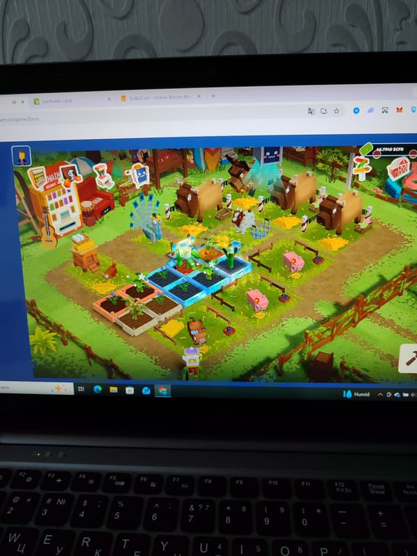 Casual session with a colorful farm sim game on laptop