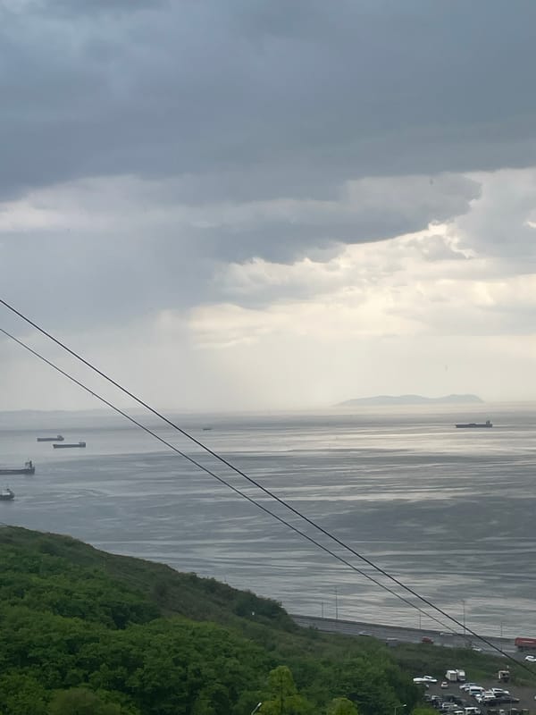 Morning cargo ships spotted off Vladivostok coast under overcast skies