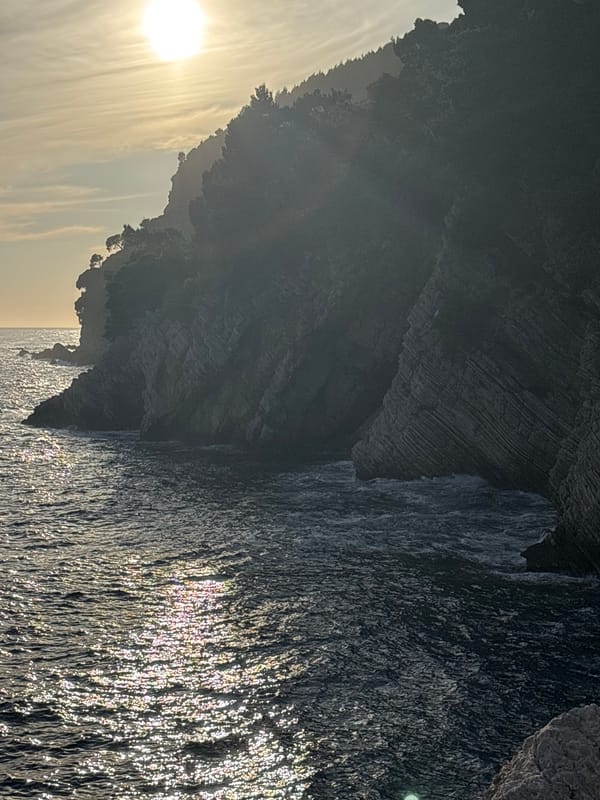 Sunset afternoon on the Petrovac coast, cliffs and Adriatic views