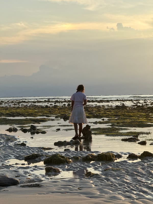 Woman observed on Indonesian beach during low tide morning hours
