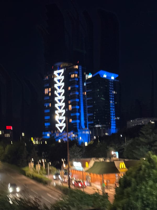 Sofia skyscrapers glow at night with distinctive triangular lighting