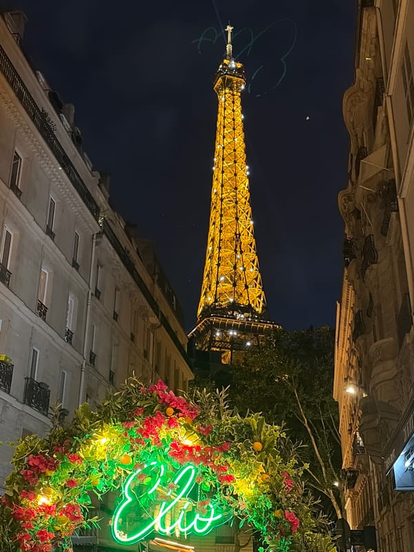 Eiffel Tower lit up at night, framed by a floral archway