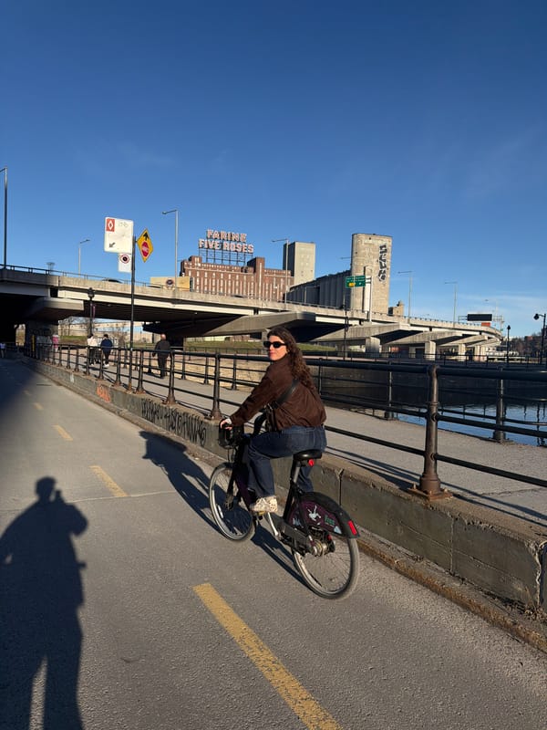 Evening cyclist spotted near Montreal's iconic Farine Five Roses waterfront