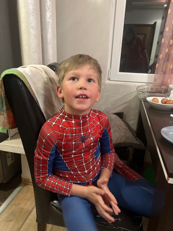 Child in Spider-Man costume photographed at home in Podgorica