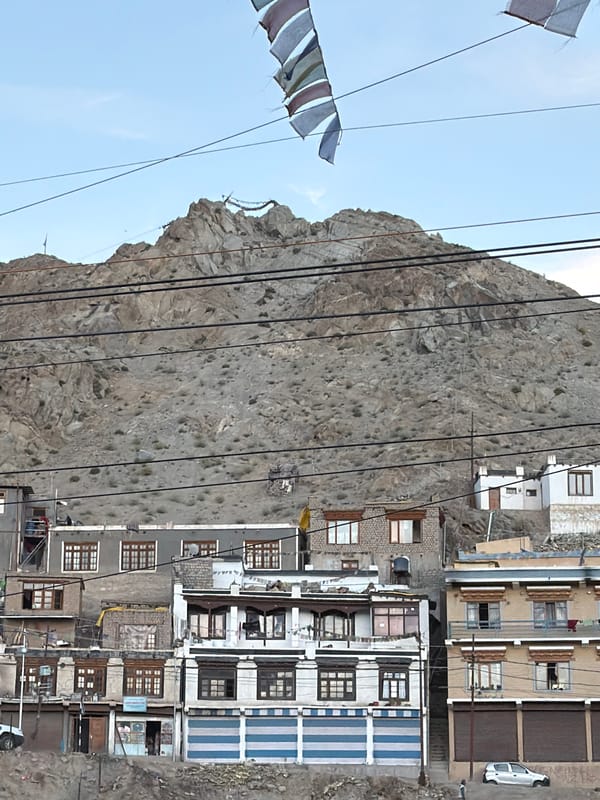 Street-level look at Leh's main drag and mountain surroundings