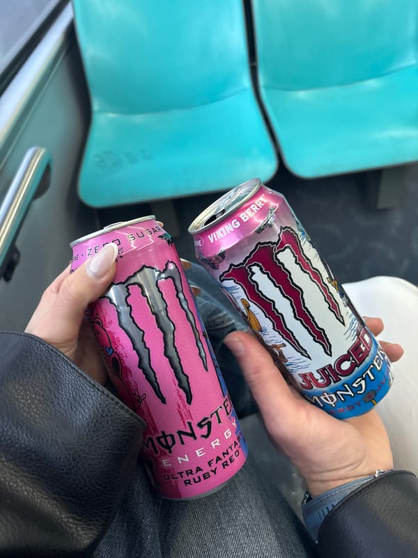 Person holds two Monster energy drinks in vehicle