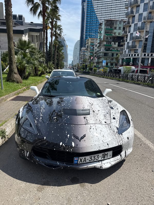 Morning sightings in Batumi include Corvette, bull statue, churros sign